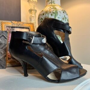 Michael Kors Women's Black Leather MK Plate Heel Bootie